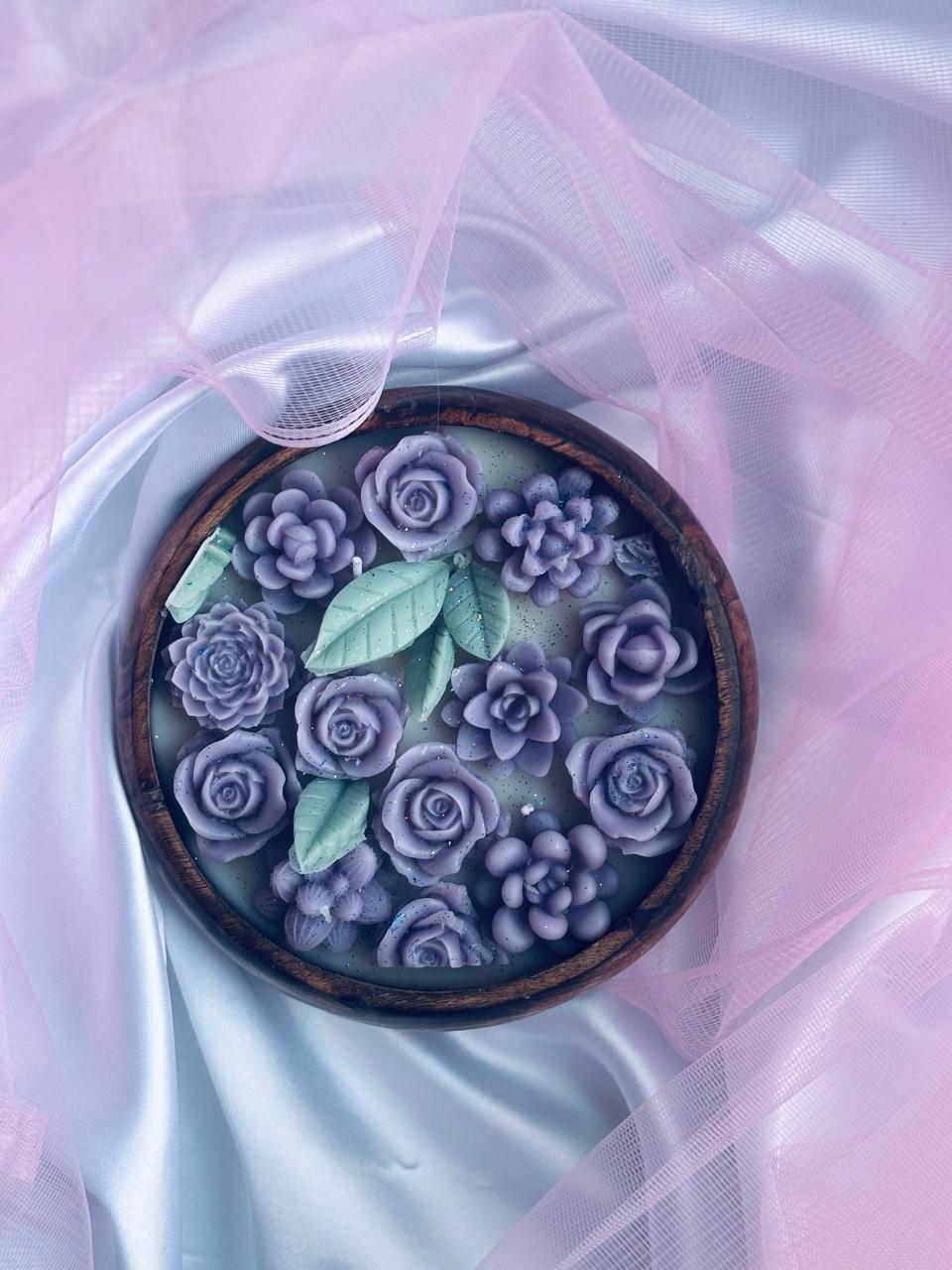 Round Wooden Bowl Floral Candle